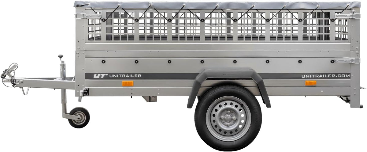 UNITRAILER Large Trailer 230 x 125 cm with Flat Tarpaulin, Mesh and Jockey Wheel - Garden Trailer 230 Kipp
