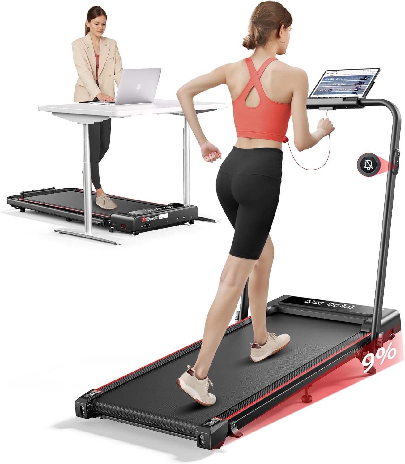 Laufband für Zuhause mit 9% Neigung, 12 km/h Klappbar Laufband mit Steigung, 2.5HP Leiser Motor, 4 IN 1 Under Desk Schre