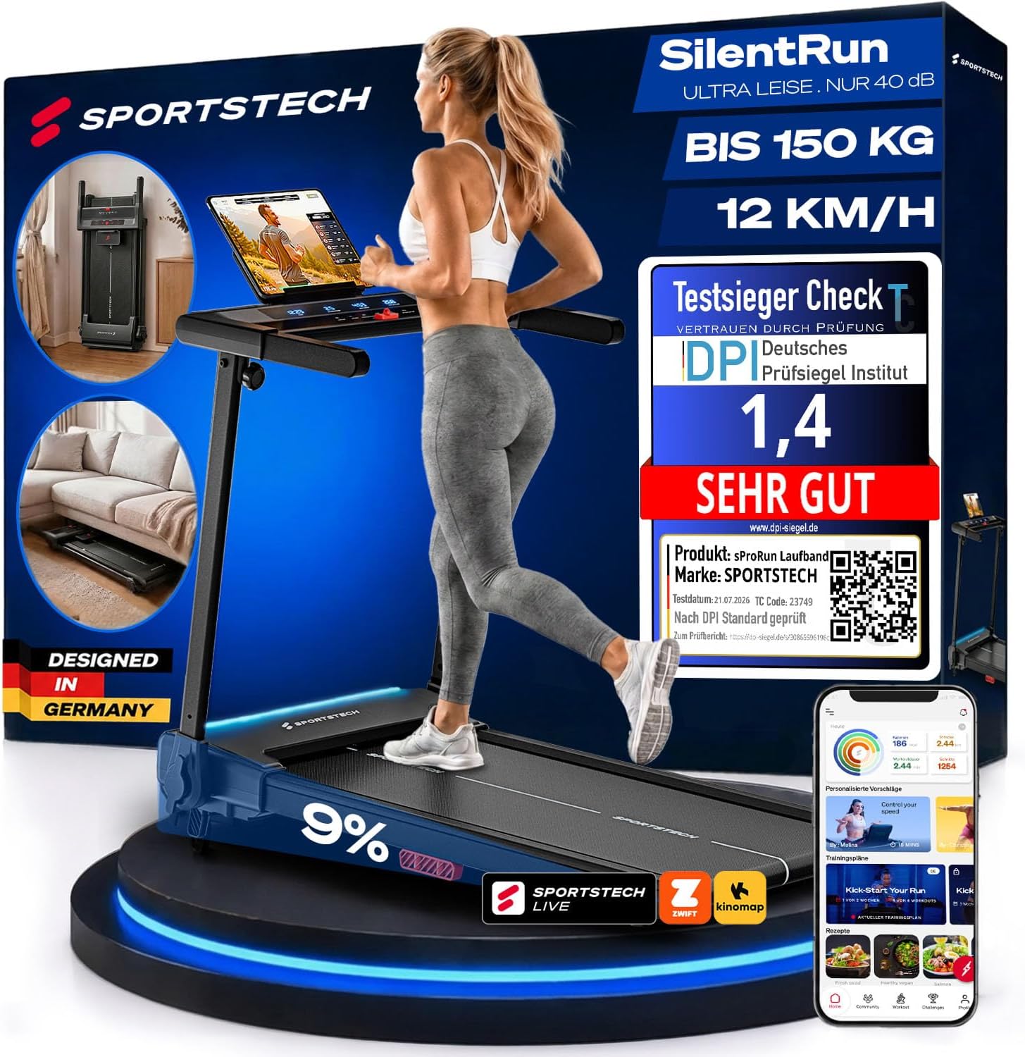 Sportstech, Laufband für Zuhause klappbar, bis 12 km/h, 9% Steigung